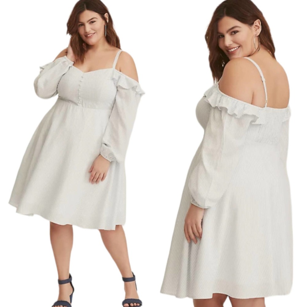 Torrid Women's Dress Cold Shoulder White Blue Striped Cottagecore Size 1X